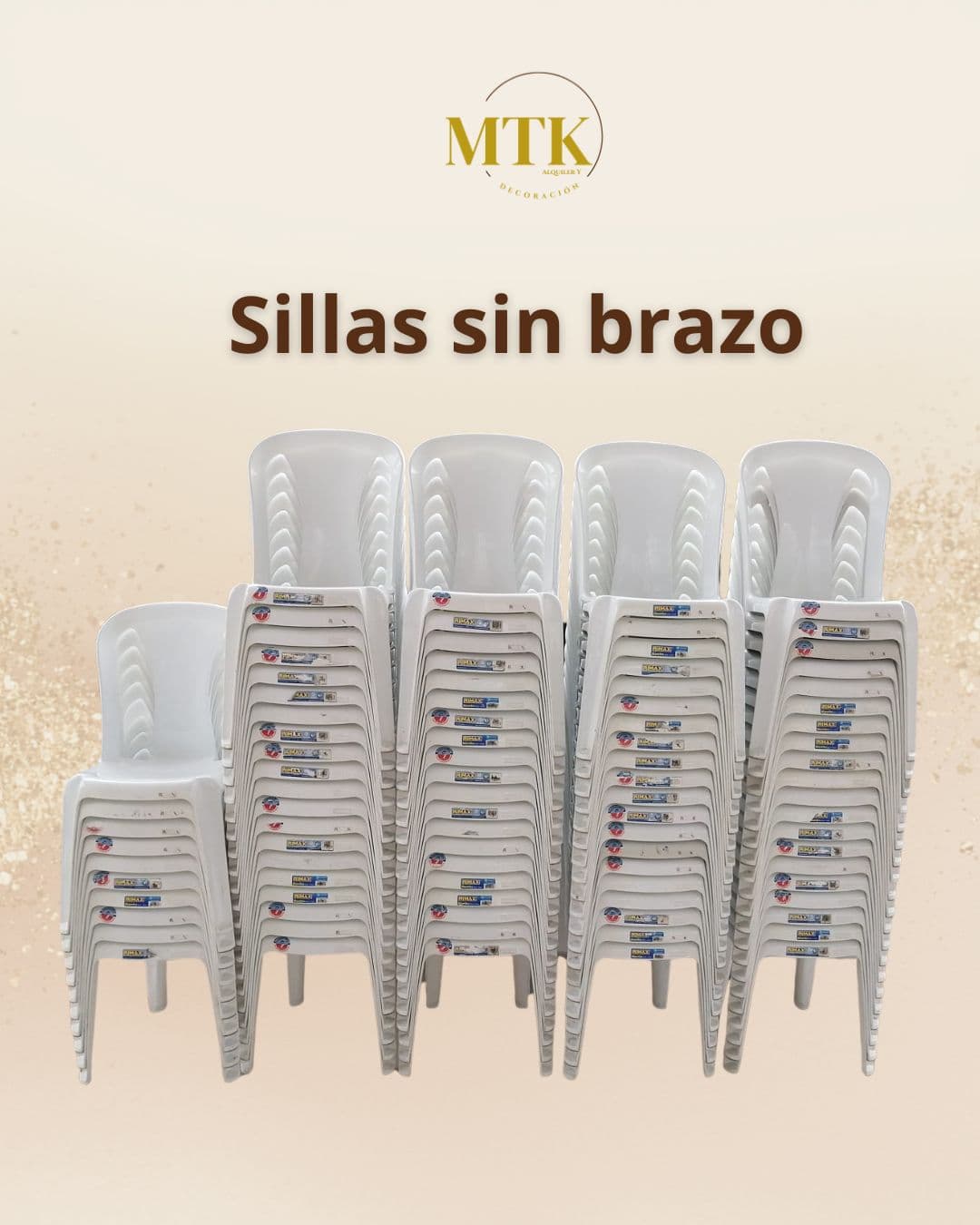 Sillas blancas sin brazos plásticas de 120 kl, en alquiler en MTK